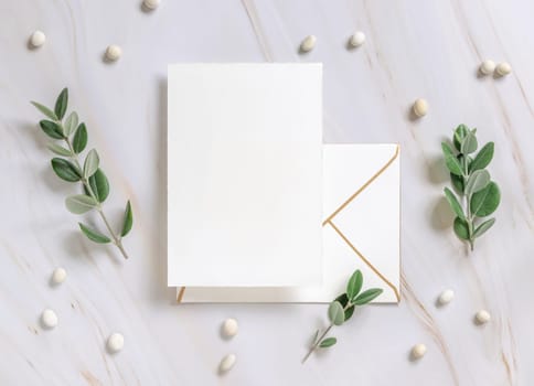 Card and envelope on a marble table near eucalyptus branches and white pebbles top view, Wedding Mockup. Romantic flat lay with blank vertical card. Minimal composition, simplicity concept