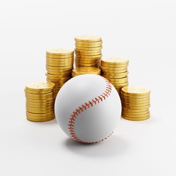 Baseball Ball ahead of Stacks of Golden Coins on Light Gray Background 3D Render Illustration