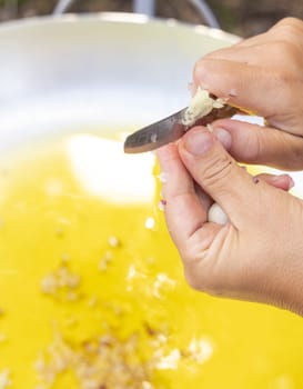 Woman hands chopping garlic clove over a big frying pan with olive oil close up, copy space. Traditional italian and apulian cousine, cooking for huge family