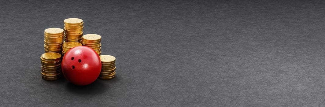 Bowling Ball ahead of Stacks of Golden Coins on Dark Background with Copy Space 3D Render Illustration, Sports Business Concept