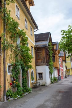 Hallstatt -  street in famous Hallstatt mountain village with Hallstatter lake See