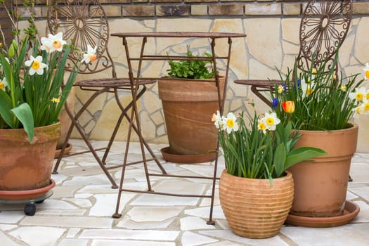 beautiful place in the garden in the mediterranean style, clay pots with spring flowers