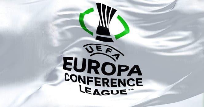 Prague, Czech Rep, July 2022: Close-up view of the UEFA Europa Conference League flag waving. Europa Conference League is an annual football club competition for european clubs
