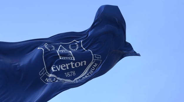 Liverpool, UK, sept 2022: The flag of Everton football club waving in the wind. Everton FC is a professional football club based in Liverpool, England