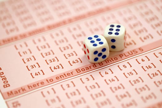 Dice cubes lies on pink gambling sheets with numbers for marking to play lottery. Lottery playing concept or gambling addiction. Close up photo