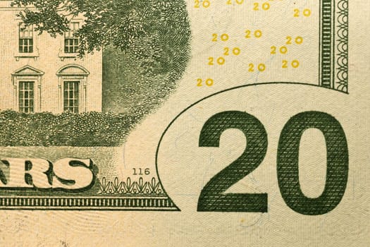 Macro shot with part of 20 US dollars bill. Twenty dollars banknote close up photo with high resolution. Money earnings, payday or tax paying period concept