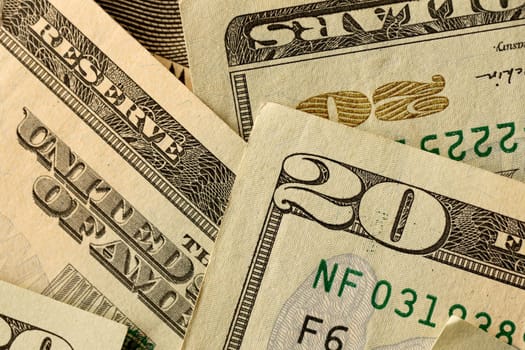 Big amount of old 20 dollar bills details on macro photography. Money earnings, payday or tax paying period concept