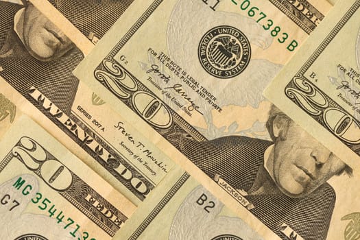 Big amount of old 20 dollar bills details on macro photography. Money earnings, payday or tax paying period concept