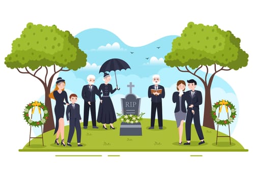 Funeral Ceremony in Grave of Sad People in Black Clothes Standing and Wreath Around Coffin in Flat Cartoon Hand Drawn Template Illustration