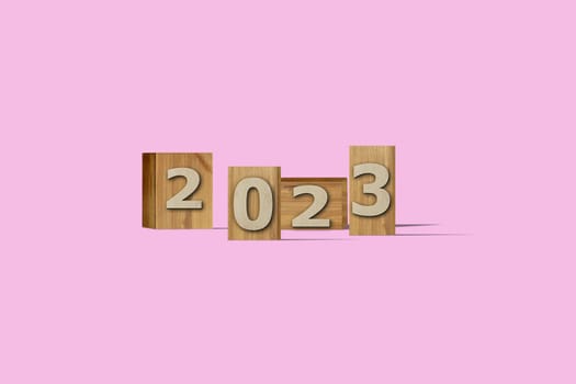 3D illustration New Year concept 2023 design with text on the wooden box on a pirouette color background.