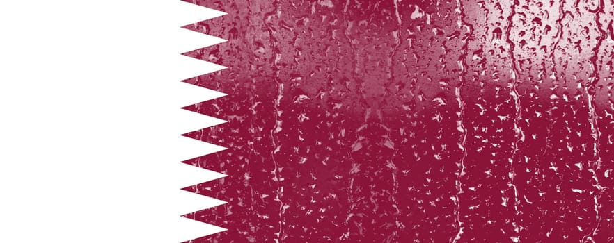 3D Flag of Qatar on a glass with water drop background.