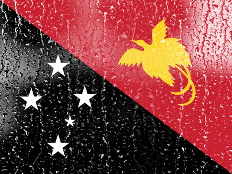 3D Flag of Papua New Guinea on a glass with water drop background.