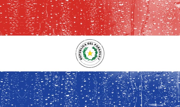 3D Flag of Paraguay on a glass with water drop background.
