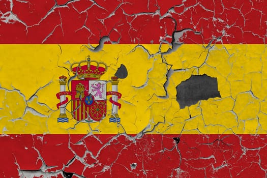 3D Flag of Spain on an old stone wall background.