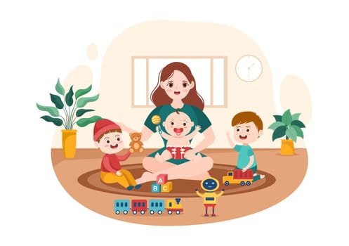 Babysitter or Nanny Services to Care for Provide for Baby Needs and Play with Children on Flat Cartoon Hand Drawn Template Illustration