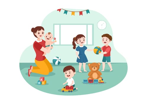 Babysitter or Nanny Services to Care for Provide for Baby Needs and Play with Children on Flat Cartoon Hand Drawn Template Illustration