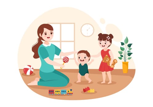 Babysitter or Nanny Services to Care for Provide for Baby Needs and Play with Children on Flat Cartoon Hand Drawn Template Illustration