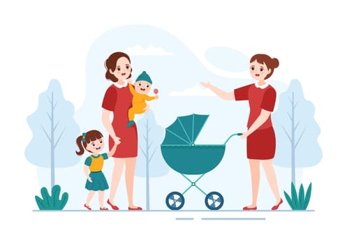 Babysitter or Nanny Services to Care for Provide for Baby Needs and Play with Children on Flat Cartoon Hand Drawn Template Illustration