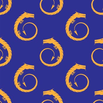 Orange Magic Dragon Icon Seamless Pattern Isolated on Blue Background.