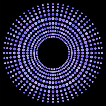 Blue Dotted Circle Isolated on Black Background. Halftone Icon.