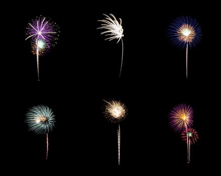 Colorful assorted six fireworks isolated on a black background. New Year celebration concept