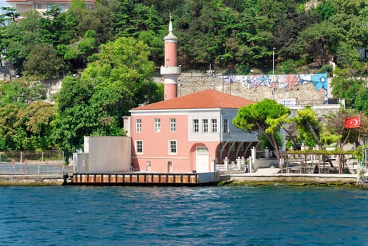 View from Europian side of Bosphorus Strait overlooking Old Ottoman Defterdar Ibrahim Pasa Mosque, suited at Besiktas district, Istanbul, Turkey