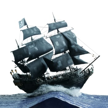 Pirate ship model Black pearl made of plywood, with miniature figures of pirate sailors, isolated on white background. Ship sails on waves. Flag Jolly Roger Skull and bones, patched sails