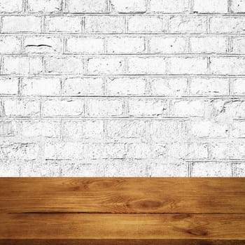 The background is blank wooden boards and a textured brick wall with lighting and vignetting. For product demonstrations, free space, layout, mockup, perspective board, background board.