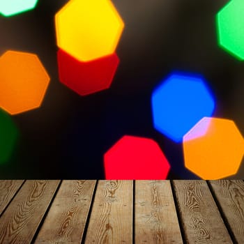 The background is an empty wooden board and a wall of blurred bokeh lights. For product demonstrations, free space, layout, mockup, perspective board, background board.