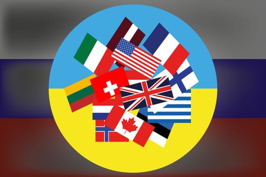The flag of Ukraine and other countries on the background of the Russian one. anti-war coalition. Flags of the countries of the world. The world community in support of Ukraine.