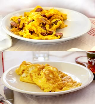 the delicious omelet with sausage cooked on a white plate in a restaurant