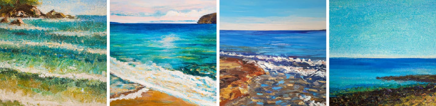A series of watercolor paintings of a warm beach and blue sea