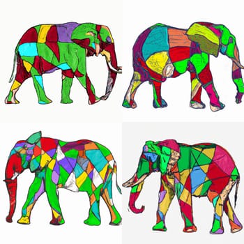 Series of multicolored elephants isolated on white background, digital art.
