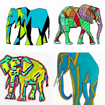 Series of multicolored elephants isolated on white background, digital art.