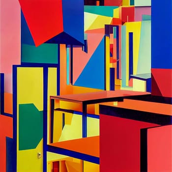 An eclectic artwork, colorful background, cubism art style. Painting, mixed media.