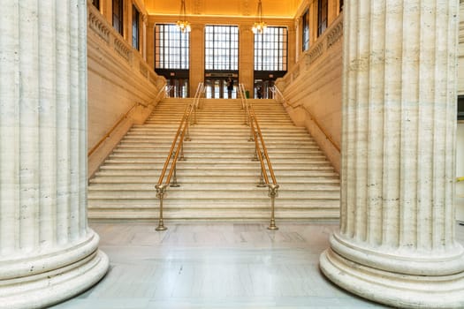 CHICAGO, ILLINOIS, UNITED STATES OF AMERICA, October 13 2018 : Famous entrance of train station of Chicago city with stairs and columns