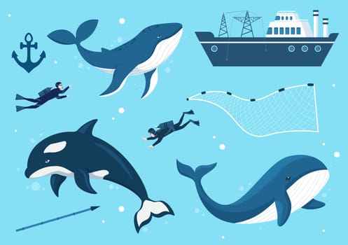 Whale Hunting with Whales Caught by Fisherman in the Middle of the Deep Sea for Sale in Hand Drawn Flat Cartoon Templates Illustration