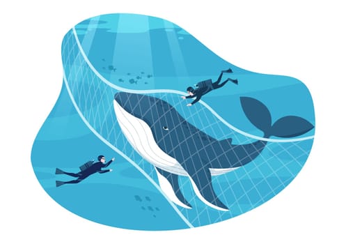 Whale Hunting with Whales Caught by Fisherman in the Middle of the Deep Sea for Sale in Hand Drawn Flat Cartoon Templates Illustration