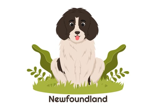Newfoundland Dog Animals with Black, Brown or Landseer Color in Flat Style Cute Cartoon Template Hand Drawn Illustration