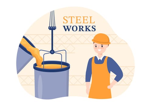 Steelworks with Resource Mining, Smelting of Metal in Big Foundry and Hot Steel Pouring in Flat Cartoon Hand Drawn Templates Illustration