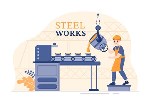 Steelworks with Resource Mining, Smelting of Metal in Big Foundry and Hot Steel Pouring in Flat Cartoon Hand Drawn Templates Illustration