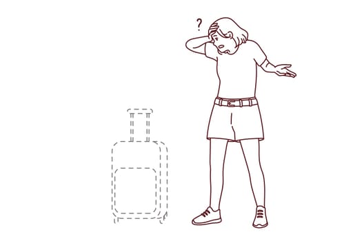 Stressed young woman frustrated with baggage loss in airport. Unhappy distressed female confused with lost suitcase. Vector illustration.