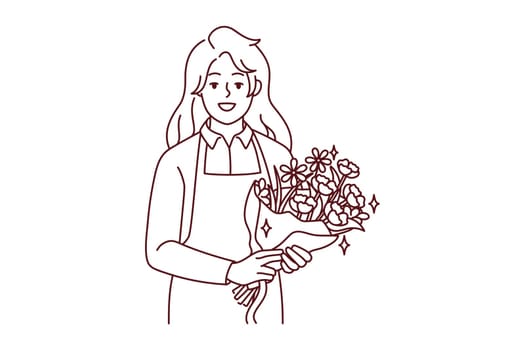 Portrait of smiling female florist in apron holding beautiful floral bouquet. Happy woman with flowers in hands working in botanical shop. Vector illustration.