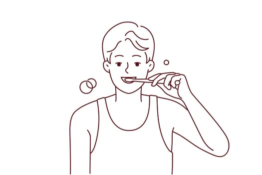Smiling young man brushing teeth with toothbrush in morning. Happy guy do oral care daily routine in bathroom. Good habit. Vector illustration.