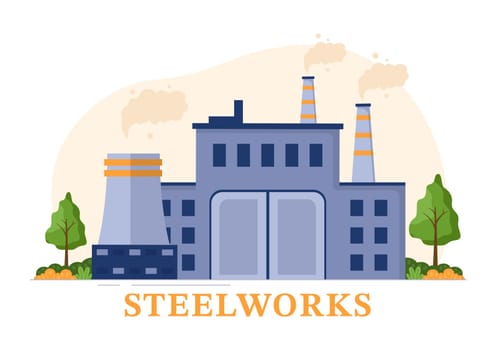 Steelworks with Resource Mining, Smelting of Metal in Big Foundry and Hot Steel Pouring in Flat Cartoon Hand Drawn Templates Illustration