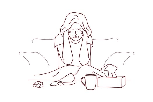 Unhappy young woman sit on couch at home crying suffering from depression or life problems. Sad girl feel down distressed alone. Breakup and mental trouble. Vector illustration.