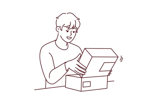 Excited young man open cardboard box shopping online. Smiling male client or customer unpack post parcel ordering goods on internet. Vector illustration.