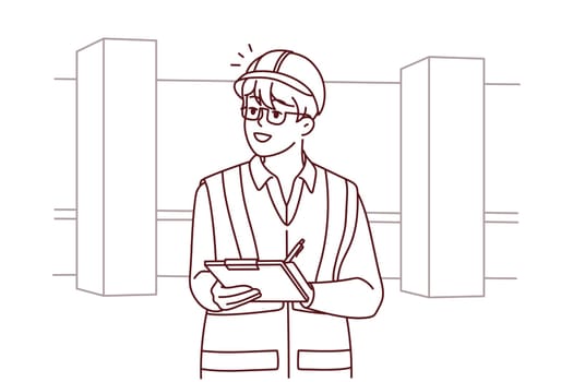 Male engineer in uniform and helmet on construction site. Man professional working at outdoor building workplace. Occupation. Vector illustration.