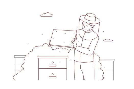 Beekeeper in costume work with bee combs in garden. Man apiarist at bee farm outdoors. Occupation concept. Vector illustration.
