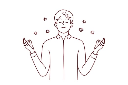 Happy young man with mudra hands meditate relieve negative emotions. Smiling calm male practice yoga think positive. Mental health concept. Vector illustration.